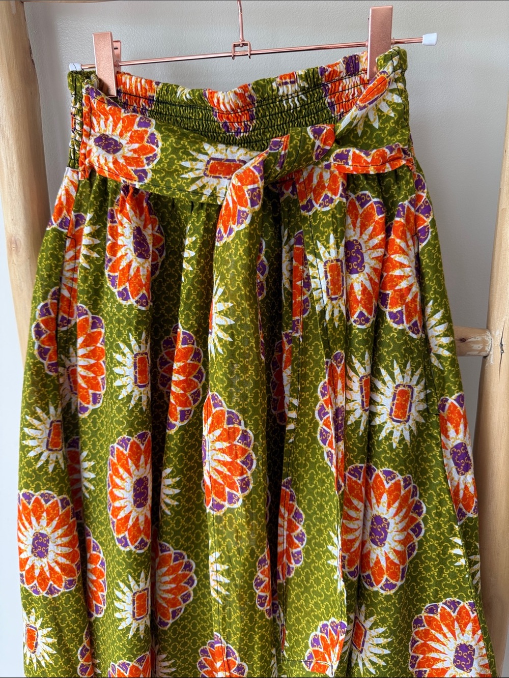 Jackpot Vintage Boho Print Green Orange Elasticized Waist Tie Belt Maxi Skirt OS - Picture 2 of 8